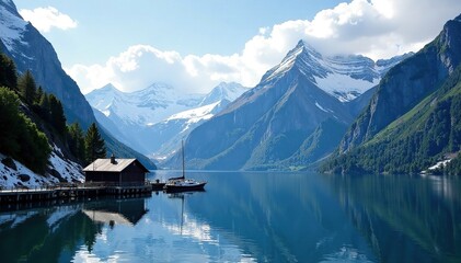 Snowy mountains towering above a small dock in the fjord, nature, boats