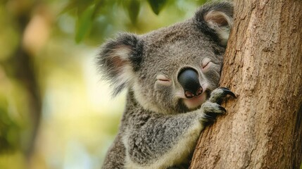 Fototapeta premium A cute koala bear peacefully sleeps on a eucalyptus tree. Its eyes are closed, showcasing its fluffy ears and soft gray fur against a blurred green background.