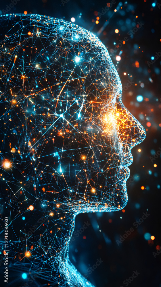 Aufkleber Artificial intelligence forming a human face with glowing network connections, symbolizing the concept of machine learning and neural networks