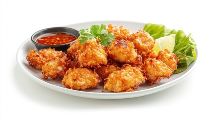 Breaded fried chicken. Crispy fried chicken. Several pieces of crunchy fried chicken on a white plate. Isolated on white background. Perfect for design elements, catalogues, or any commercial purposes