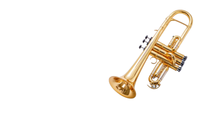 A gold trumpet is shown in a white background
