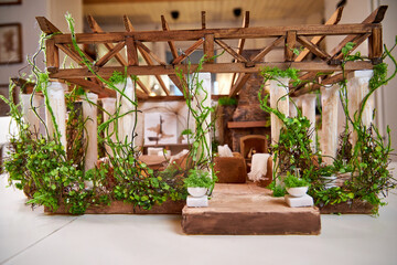 Architectural project, realistic model of a summer gazebo with columns and a roof made of wooden...