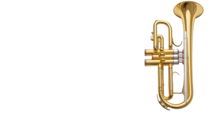 A gold trumpet is shown on a white background