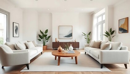 Modern interior japandi style design livingroom. Lighting and sunny scandinavian apartment with plaster and wood. 3d render illustration.
