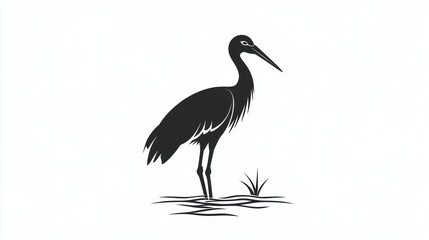 Obraz premium Silhouette of a crane standing in water, isolated on a white background. Symbolizing nature and wildlife for design