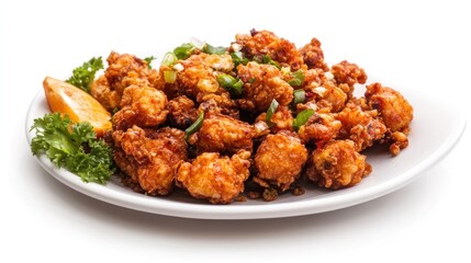 Breaded fried chicken. Crispy fried chicken. Several pieces of crunchy fried chicken on a white plate. Isolated on white background. Perfect for design elements, catalogues, or any commercial purposes