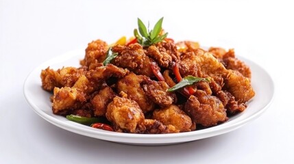 Breaded fried chicken. Crispy fried chicken. Several pieces of crunchy fried chicken on a white plate. Isolated on white background. Perfect for design elements, catalogues, or any commercial purposes