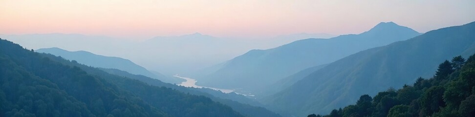 Fototapeta premium Soft foggy mountains with misty valleys and hills, ambiance, atmosphere, valleys