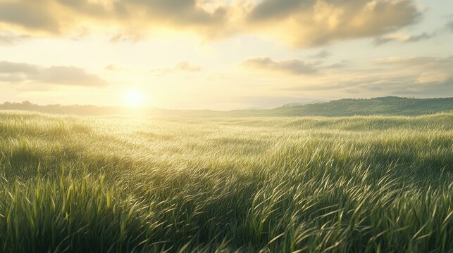 Vibrant green grass gently sways in the wind under a golden sunrise, creating a serene and tranquil landscape filled with soft light and warmth.