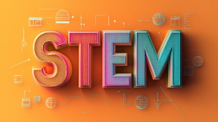 vibrant, gradient-colored word "STEM" on an orange background STEM, gradient typography, vibrant colors, orange background, modern design, bold letters, creative typography, technology, science, 