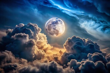 Obraz premium Dramatic Full Moon Breaking Through Dark Storm Clouds at Night - Night Sky Photography