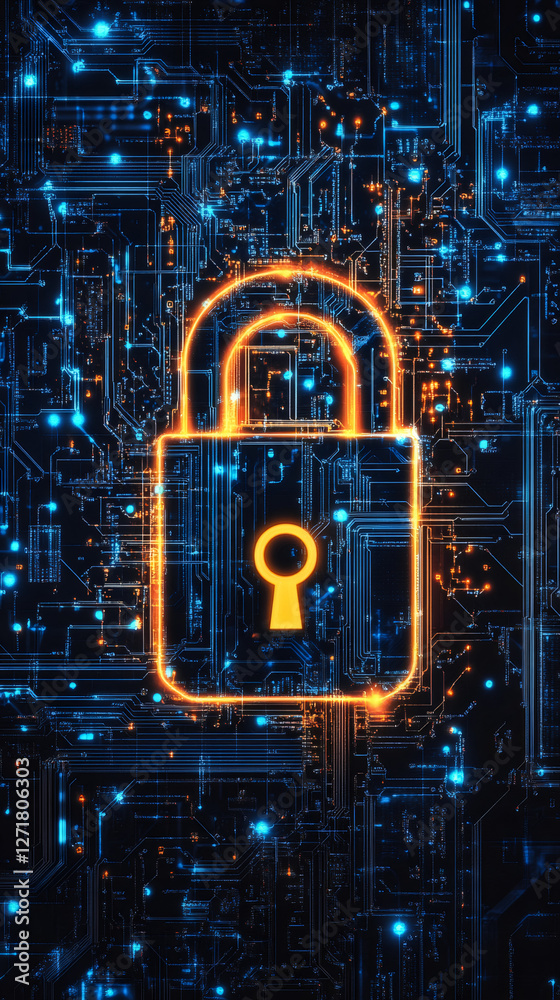 Fototapete Electronic circuit board with glowing padlock, representing cybersecurity and data protection in digital world