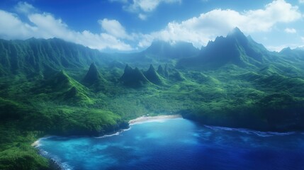 Obraz premium A stunning view of lush green mountains surrounding a serene blue ocean and sandy beach.