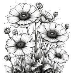 Fototapeta premium A drawing of a bouquet of flowers with a white background. The flowers are drawn in black and white, and the drawing has a serene and peaceful mood