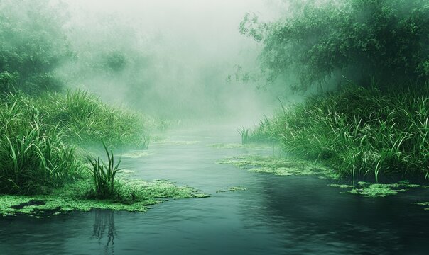 Misty river flowing through lush green vegetation, tranquil swamp scene, nature background, ideal for fantasy or relaxation themes