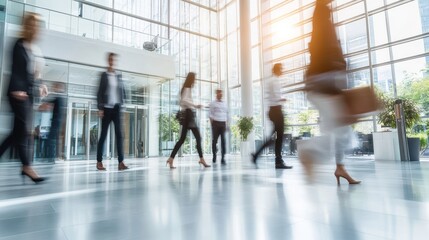 A diverse group of professionals, both men and women, walking briskly in a modern office building with a bright, open atmosphere.