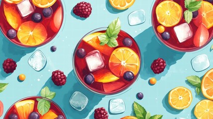 Refreshing summer cocktail arrangement featuring fruits and ice on a colorful backdrop. Generative AI