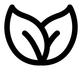 A minimalist icon of two leaves representing nature organic products and eco-friendly concepts.