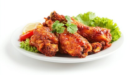 Breaded fried chicken. Crispy fried chicken. Several pieces of crunchy fried chicken on a white plate. Isolated on white background. Perfect for design elements, catalogues, or any commercial purposes