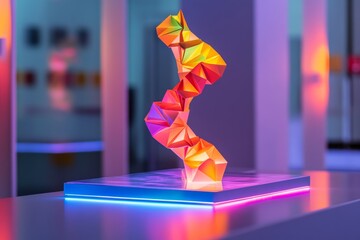Colorful geometric sculpture with neon lighting in modern gallery