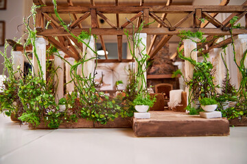 Architectural project, realistic model of a summer gazebo with columns and a roof made of wooden...