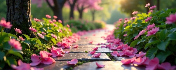 Softly falling petals on a winding stone path, solitude, gentle, serene