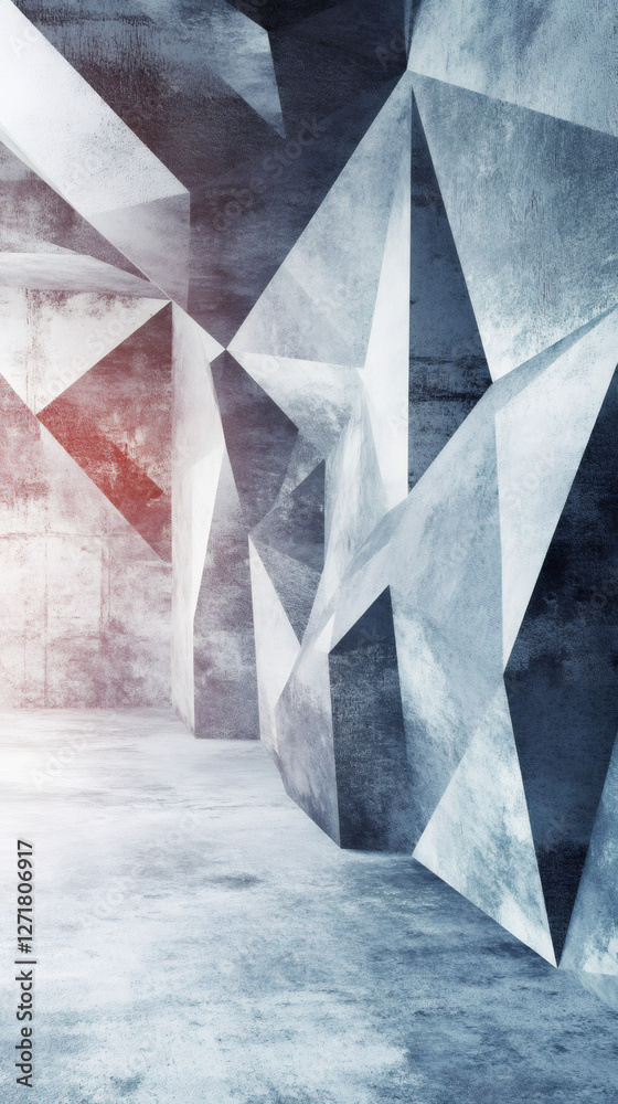 Leinwandbilder Geometric concrete wall with triangular shapes creating an abstract pattern in a dimly lit corridor with a red light source
