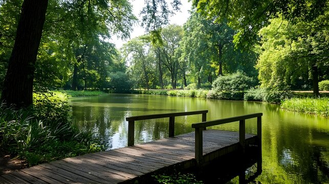 Serene Pond in Lush Green Park with Wooden Footbridge