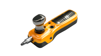 A yellow and black device with a silver button