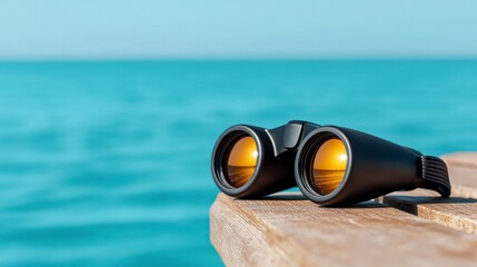 Obraz premium Black Binoculars on Wooden Table Overlooking Vast Blue Sea for Travel and