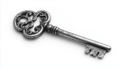 A vintage decorative key with intricate designs on a white background.