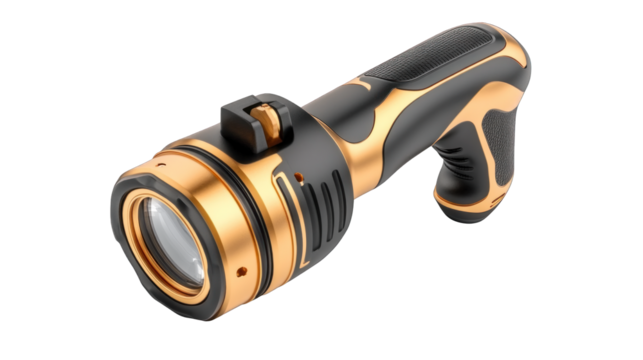 A gold and black flashlight with a black handle