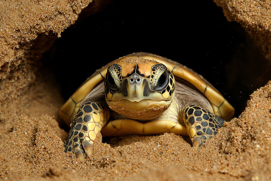 turtle emerging from sandy burrow, showcasing its unique shell and features. scene captures essence of nature and wildlife in sunny environment