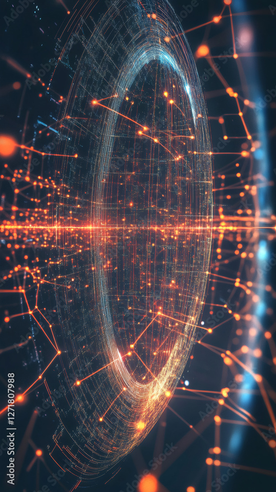 Aufkleber Glowing networked sphere visualizing digital connectivity, complex data flow through luminous interconnected lines and nodes