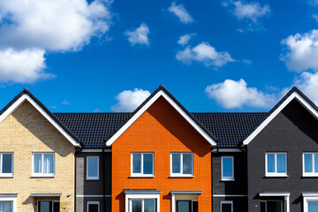 Modern brick houses with colorful facades under bright blue sky. vibrant orange house stands out among neutral tones, creating cheerful atmosphere