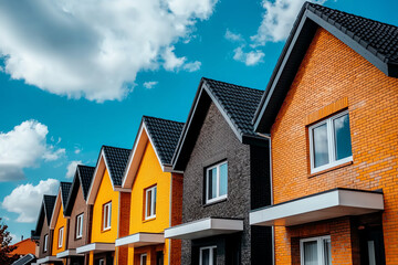 Modern houses with colorful facades under bright blue sky and fluffy clouds. vibrant colors of brick exteriors create cheerful atmosphere