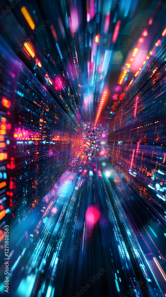 Aufkleber fast data transmission accelerating through cyberspace, creating colorful light trails, symbolizes s