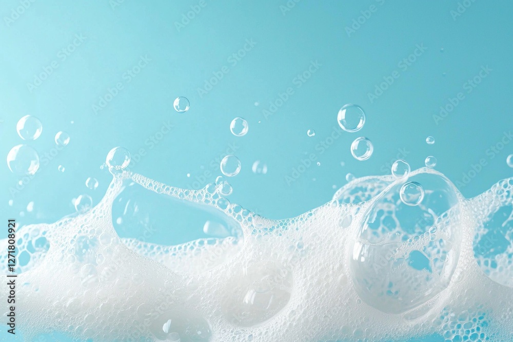 Poster A mesmerizing display of light and airy soap foam gently rises and dances, revealing delicate bubbles that capture the beauty of simplicity against a calm blue setting