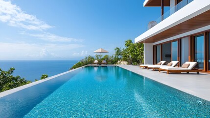 Fototapeta premium Luxurious villa with cantilevered infinity pool overlooking the vast stunning ocean panorama