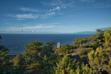 Obraz premium Russia, Novy Svet. Picturesque view of the Black Sea coast from the mountain in the vicinity of the famous Cape Kapchik on the Crimean peninsula.