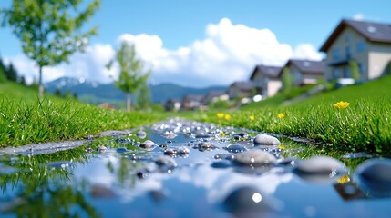 Fototapeta premium Small stream with smooth pebbles flows through a green grassy meadow in a peaceful suburban village under a blue cloudy sky.