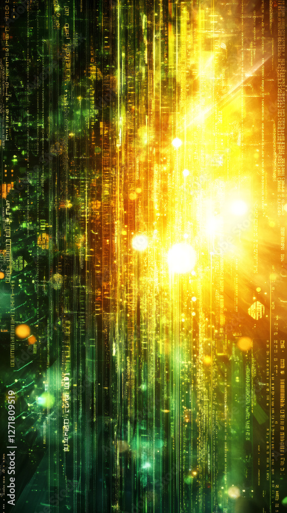 Aufkleber Glowing golden streams of binary digits revealing technological data flow and digital connectivity