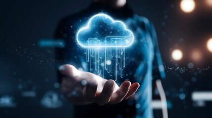 Close up of businessman hand holding glowing blue digital cloud with binary code on dark blurry bokeh background with mock up place. Computing and coding concept