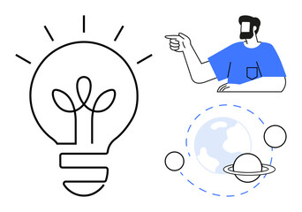 Lightbulb with plant inside representing growth and ideas, person pointing symbolizing direction, planets around Earth illustrating exploration. Ideal for creativity, growth, innovation, discovery