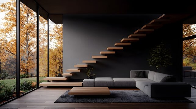Minimalist modern house with floating stairs floor to ceiling windows and open concept living area set against a picturesque autumnal landscape with lush foliage and natural surroundings