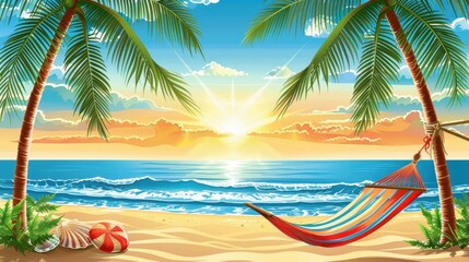 Serene beach scene at sunset with a hammock between palm trees, gentle waves, and vibrant clouds