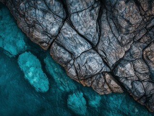 Aerial View of Rocky Coastline with Clear Turquoise Water and Underwater Rock Formations