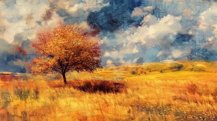 Obraz premium Autumnal Landscape with a Solitary Tree: A Golden Hour Scenic View
