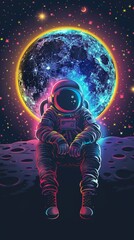 Cosmic astronaut resting on lunar surface with vibrant moon backdrop and starry sky at night