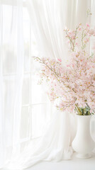 Light filtering through sheer curtains with cherry blossom vase - minimalist interior design idea